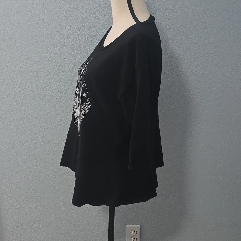 WILLIAM RAST Festival Guitar Graphic Peplum Top Black 1/2 Sleeves Sz Large - Picture 5 of 12